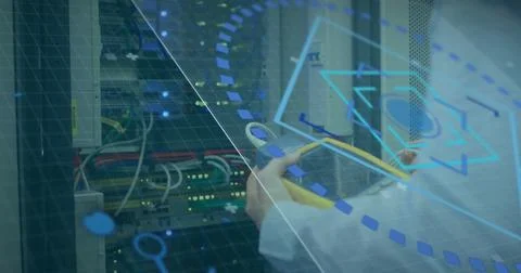 Image of scope and round scanner over mid section of male engineer working at イラスト素材