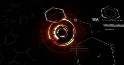 Image of scope and scientific data processing over dark background Stock Photos