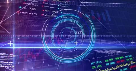 Image of scope, binary coding and financial data processing over grid Stock Photos