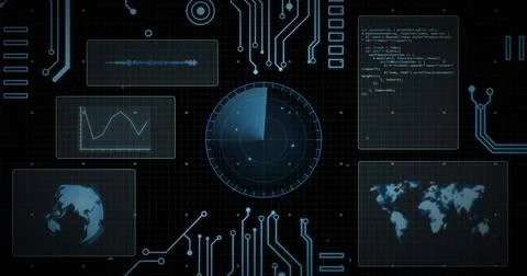 Image of scope, circuit board and data processing over screens on black Stockillustratie