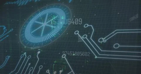 Image of scope, circuit board and data processing over dark background 스톡 사진