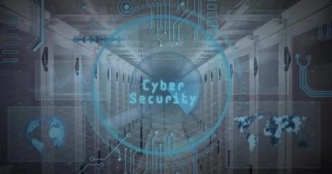 Image of scope with cloud icon and data processing over computer servers Stock Photos