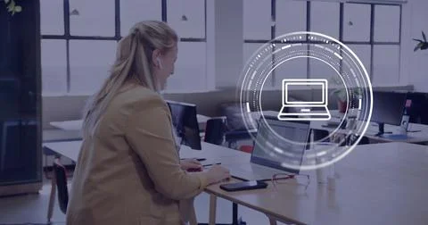 Image of scope, computer icon and data processing over caucasian businesswoman Stock Photos