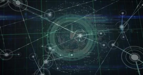 Image of scope, connections and digital data processing over dark background Stock Photos