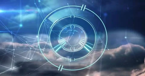 Image of scope, connections and digital data processing over clouds Stock Photos