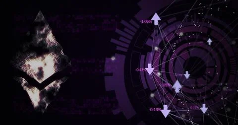 Image of scope, cryptocurrency and data processing over black background Illustrazione stock