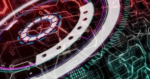 Image of scope, data processing over computer circuit board 스톡 일러스트