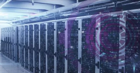 Image of scope with data processing over computer servers Stock Photos