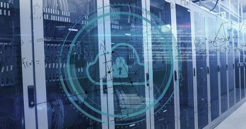 Image of scope with digital cloud and data processing over computer servers Stock Photos