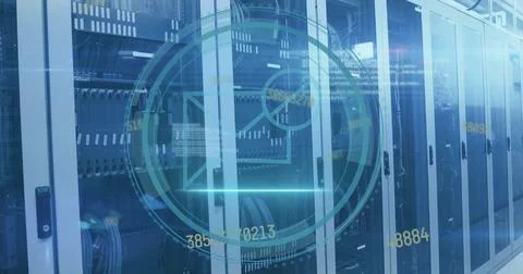 Image of scope with email icon and data processing over computer servers 스톡 사진