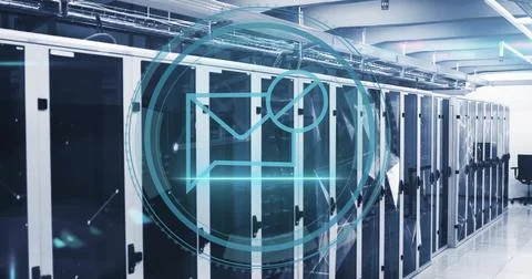 Image of scope with email icon and data processing over computer servers Stock Photos