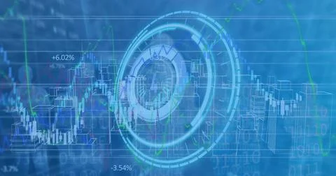 Image of scope, financial data processing over 3d cityscape drawing Stockillustratie