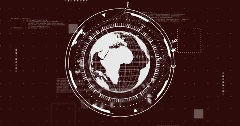 Image of scope with globe and data processing over black background 写真素材