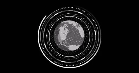 Image of scope with globe and data processing over black background Foto stock
