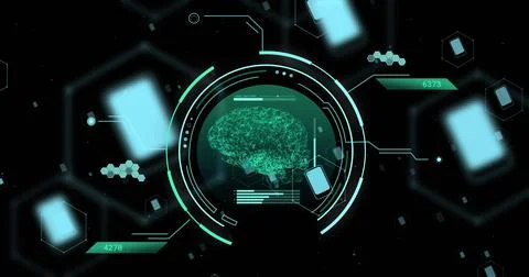 Image of scope, human brain and scientific data processing over black background Stock-Illustration