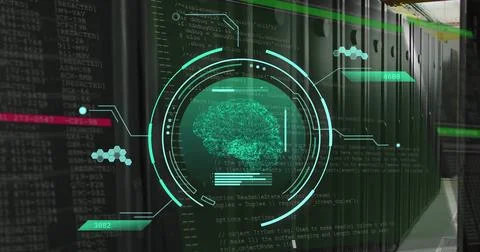 Image of scope with human brain and data processing over computer servers Foto stock