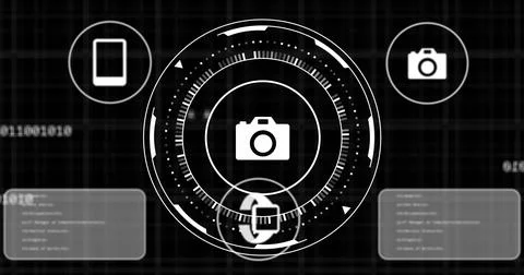 Image of scope with icons and data processing over black background Stock Photos
