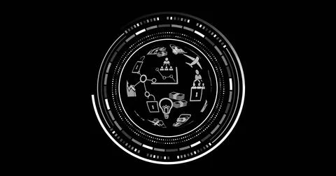 Image of scope with icons and data processing over black background 스톡 사진