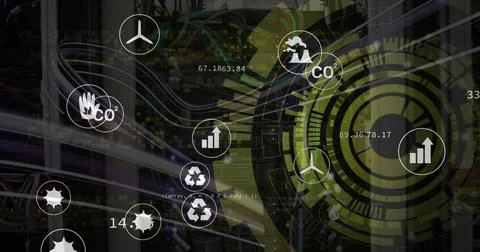 Image of scope, icons and data processing over computer servers 写真素材