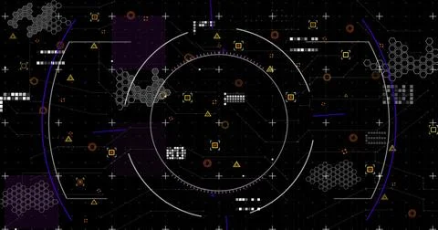 Image of scope, markers and data processing over black background Stockfoto's