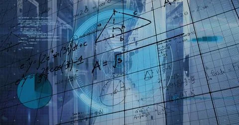 Image of scope, mathematical equations and data processing over computer servers Stock Photos