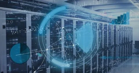 Image of scope, mathematical equations and data processing over computer servers Stock Photos