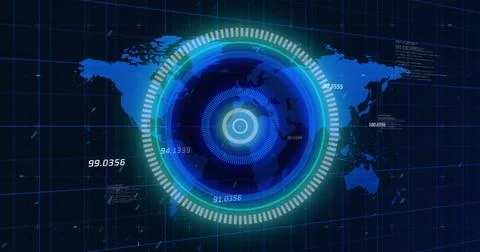 Image of scope, numbers, world map and data processing Illustrazione stock