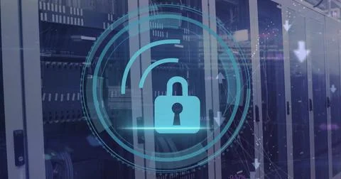 Image of scope with padlock and data processing over computer servers Stock Photos