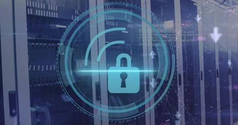 Image of scope with padlock and data processing over computer servers Foto stock