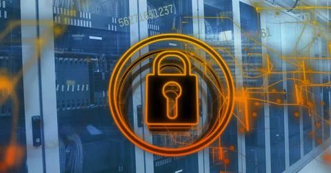 Image of scope with padlock and data processing over computer servers Stockfoto's