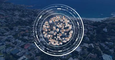 Image of scope with photos and data processing over cityscape Foto stock