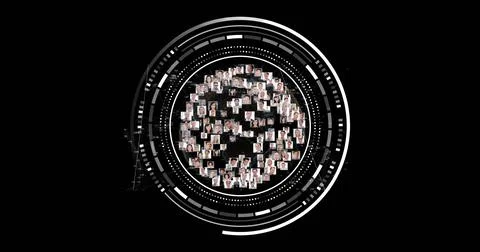 Image of scope with photos and data processing over black background Stock Photos