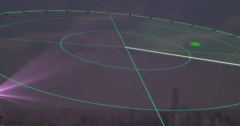 Image of scope scanner and purple spot of light against aerial view of cityscape 스톡 일러스트