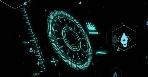 Image of scope scannig and data processing with drop icons on black background Stock Photos