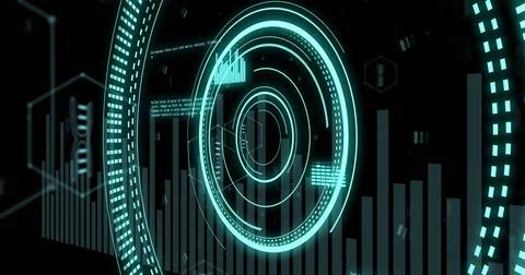Image of scope scannig and data processing with dna strand on black background Foto stock