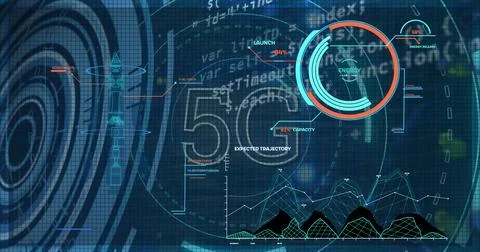 Image of scope scanning with 5g and data processing on blue background Stock Photos