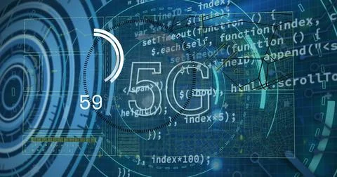 Image of scope scanning with 5g and data processing on blue background Stock Photos