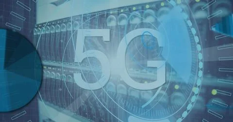 Image of scope scanning with 5g text and data processing over server room Stock Illustration