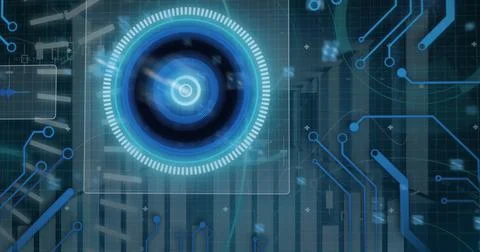 Image of scope scanning with 5g text and data processing over server room 库存插图