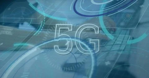 Image of scope scanning with 5g text and data processing over hands typing on Stock Photos