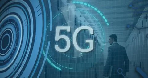 Image of scope scanning with 5g text and data processing over caucasian man in 库存照片