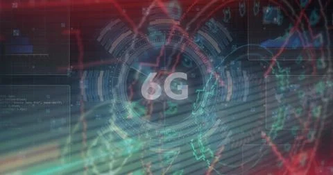 Image of scope scanning and 6g text on screens 스톡 사진
