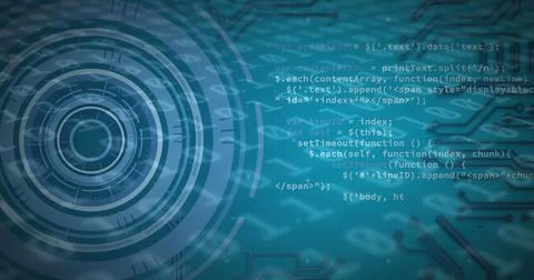 Image of scope scanning and binary coding data processing over blue background 库存照片