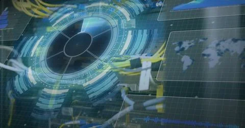 Image of scope scanning and binary coding over man wearing vr headset Stock Photos