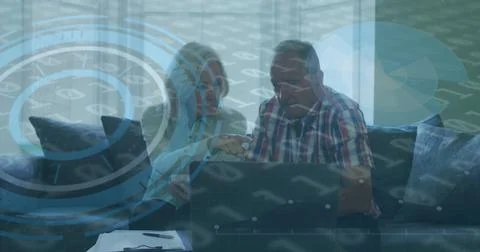 Image of scope scanning and binary coding over senior couple using laptop Stock Photos