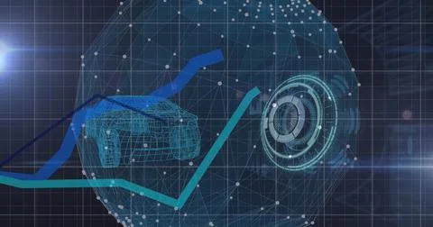 Image of scope scanning and blue lines processing over globe and 3d car model Stock Illustration
