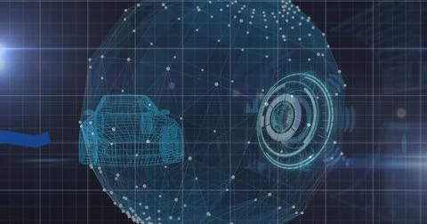 Image of scope scanning and blue lines processing over globe and 3d car model Stock Illustration