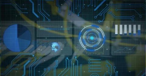 Image of scope scanning and circuit board over cables in computer server Stockfoto's