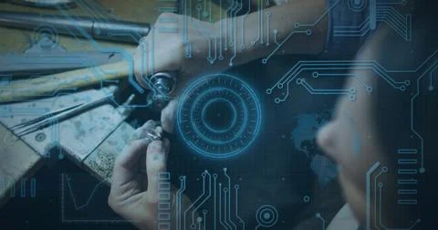 Image of scope scanning and computer circuit board over caucasian man in wo.. 스톡 사진
