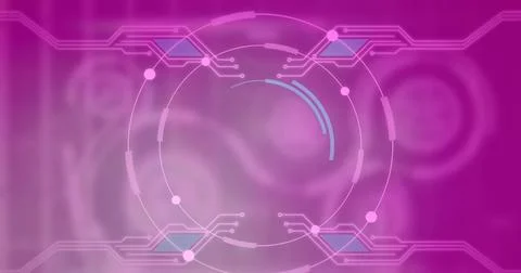 Image of scope scanning and computer circuit board on purple background Stock Photos
